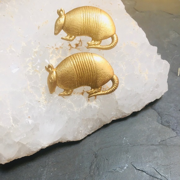 vintage handmane Jewelry - Vintage brass armadillo post animal earrings